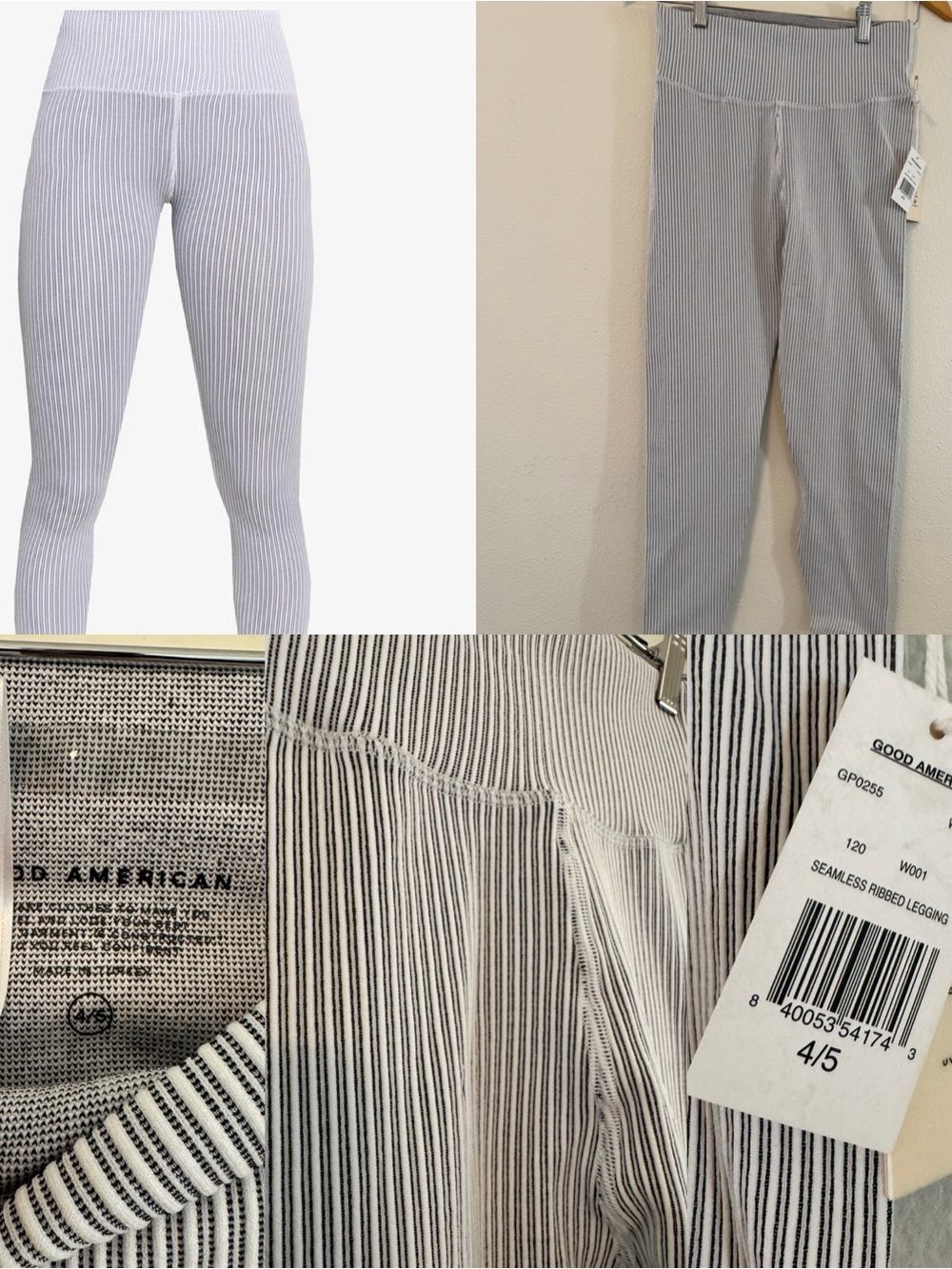 Good American Ribbed Seamless Leggings in Light Gray and White Stripe